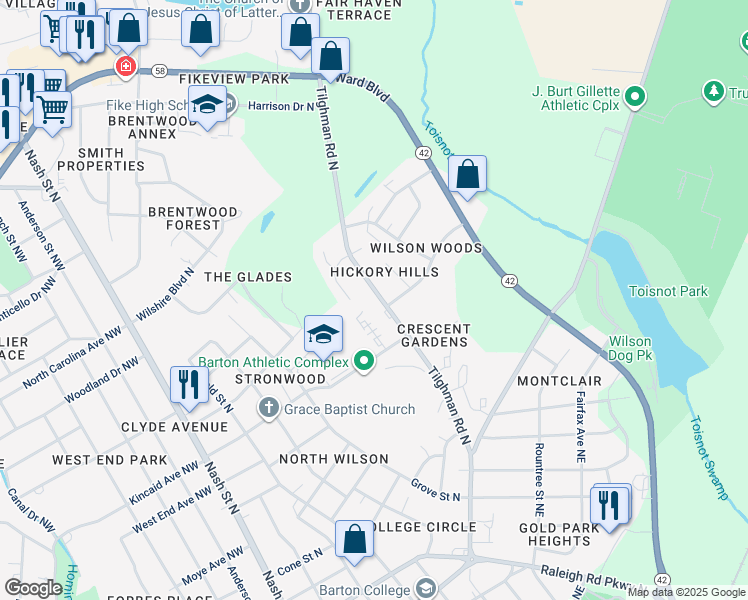 map of restaurants, bars, coffee shops, grocery stores, and more near 1611 Pecan Court North in Wilson