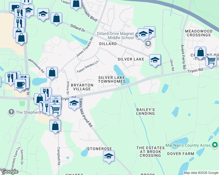 map of restaurants, bars, coffee shops, grocery stores, and more near 2433 Memory Ridge Drive in Raleigh