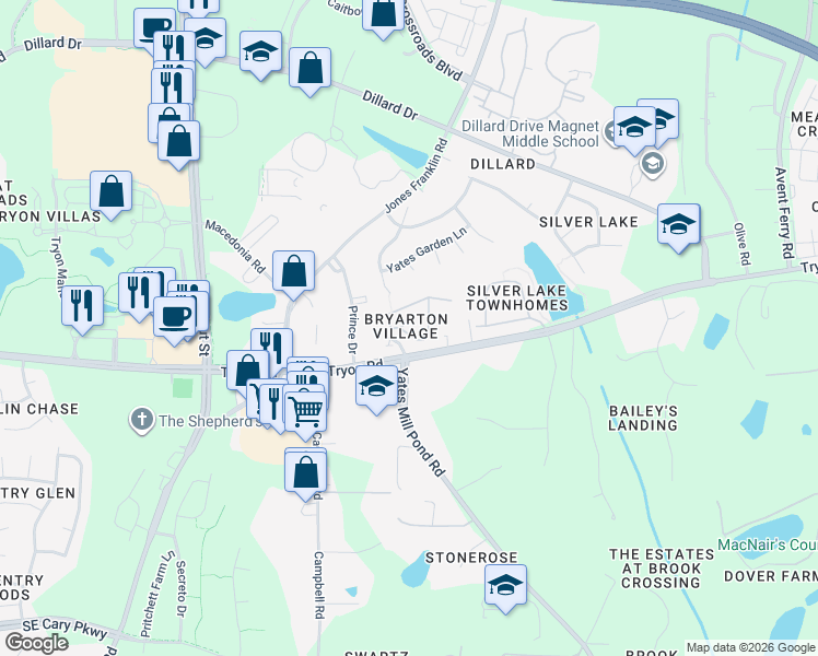 map of restaurants, bars, coffee shops, grocery stores, and more near 2605 Asher View Court in Raleigh
