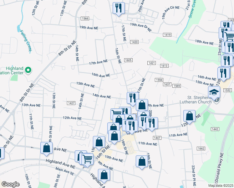map of restaurants, bars, coffee shops, grocery stores, and more near 1536 14th Avenue Northeast in Hickory