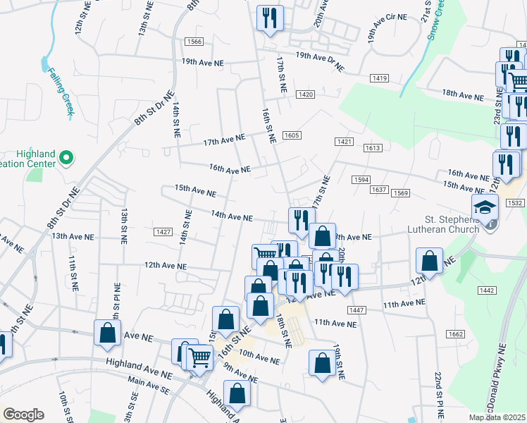 map of restaurants, bars, coffee shops, grocery stores, and more near 1536 14th Avenue Northeast in Hickory