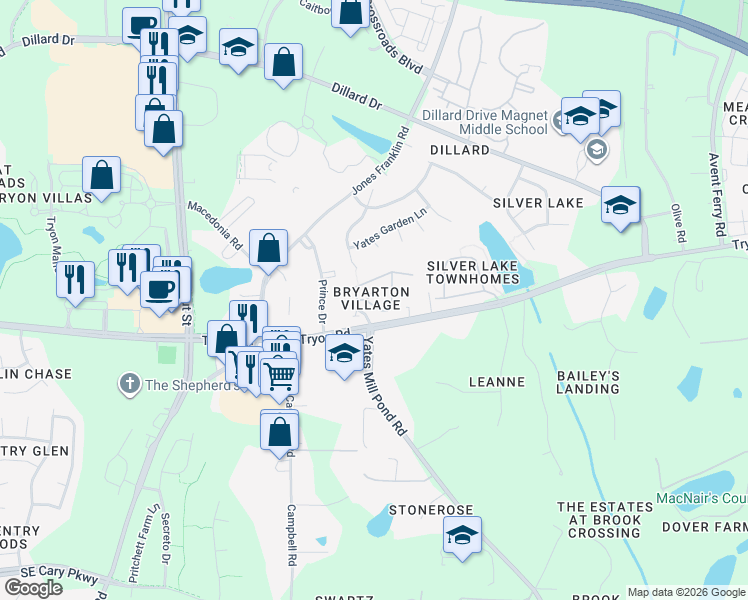 map of restaurants, bars, coffee shops, grocery stores, and more near 2605 Asher View Court in Raleigh