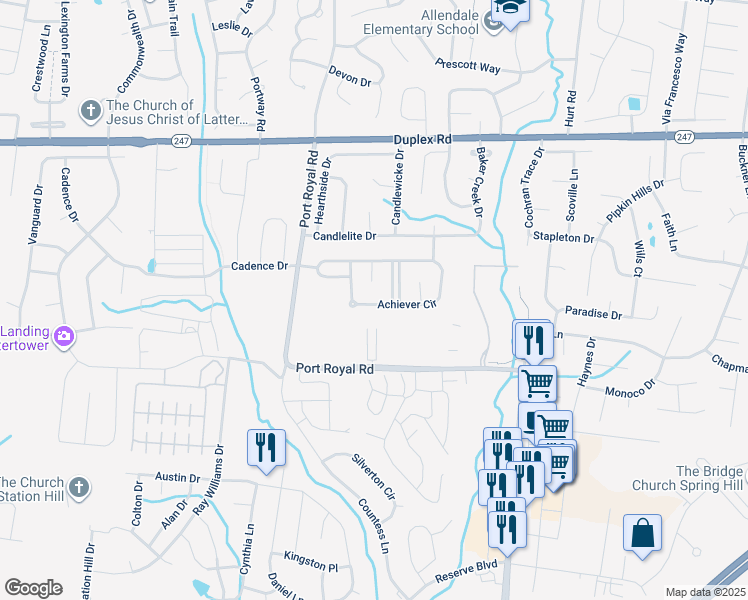map of restaurants, bars, coffee shops, grocery stores, and more near 1088 Achiever Circle in Spring Hill