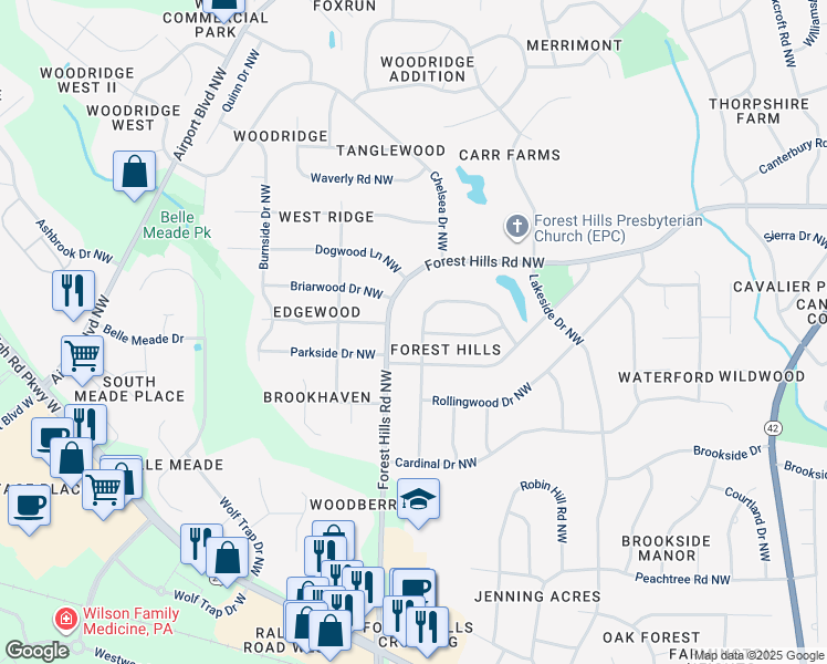 map of restaurants, bars, coffee shops, grocery stores, and more near 1128 Knollwood Drive Northwest in Wilson