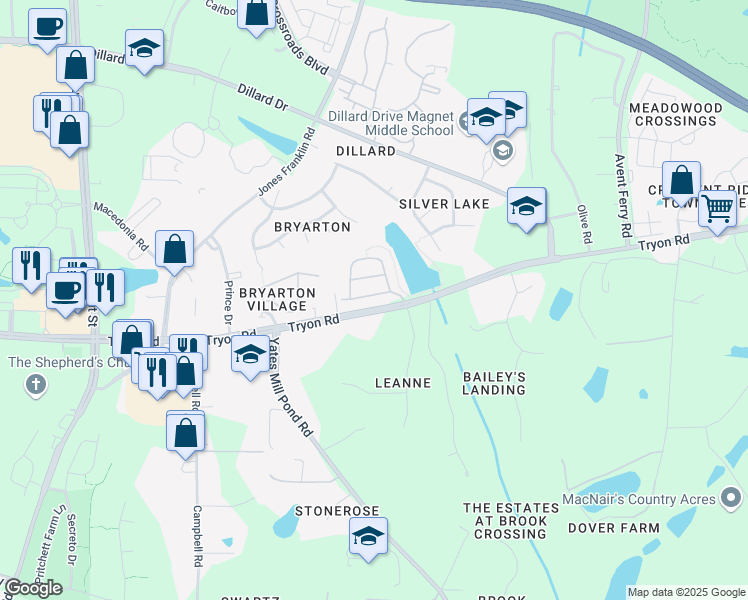 map of restaurants, bars, coffee shops, grocery stores, and more near 2421 Memory Ridge Drive in Raleigh