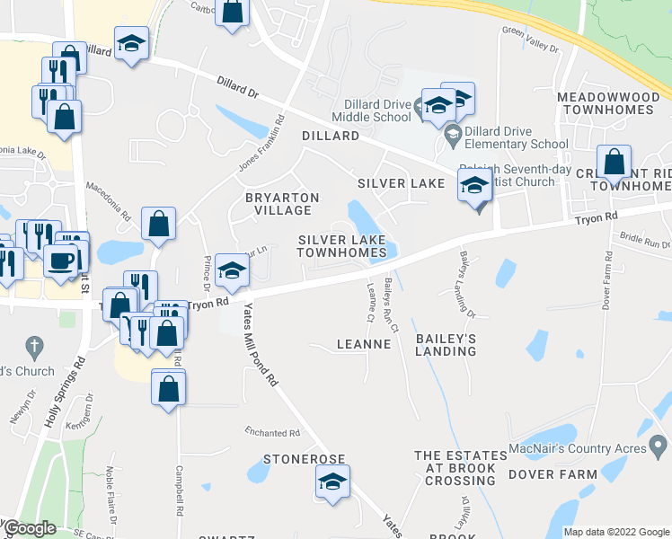 map of restaurants, bars, coffee shops, grocery stores, and more near 2433 Memory Ridge Drive in Raleigh