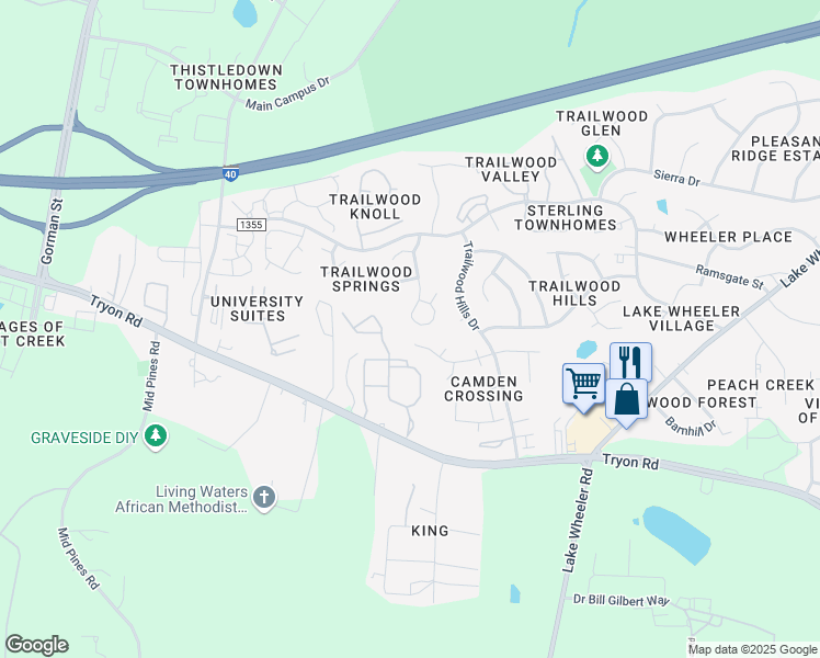 map of restaurants, bars, coffee shops, grocery stores, and more near 2128 Leadenhall Way in Raleigh