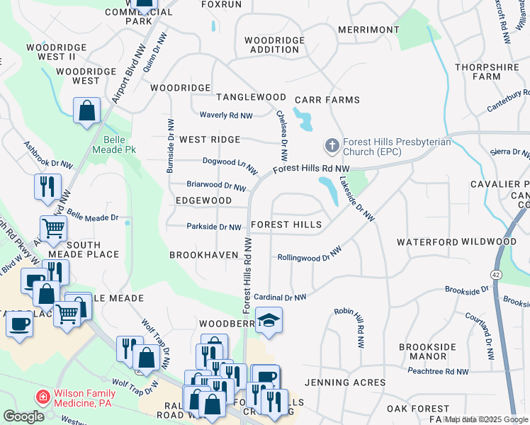 map of restaurants, bars, coffee shops, grocery stores, and more near 1128 Knollwood Drive Northwest in Wilson