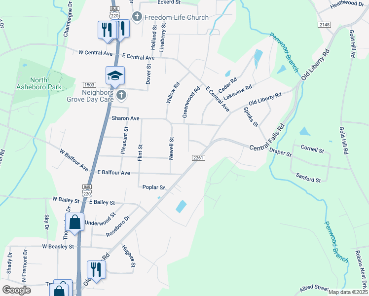 map of restaurants, bars, coffee shops, grocery stores, and more near 601 Old Liberty Road in Asheboro