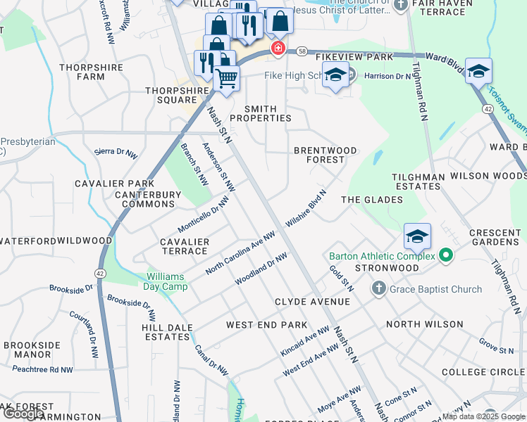 map of restaurants, bars, coffee shops, grocery stores, and more near 1701 Nash Street North in Wilson
