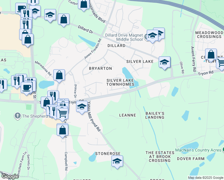 map of restaurants, bars, coffee shops, grocery stores, and more near Memory Ridge Drive in Raleigh