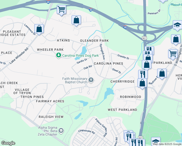 map of restaurants, bars, coffee shops, grocery stores, and more near 2821 Club Plaza Road in Raleigh