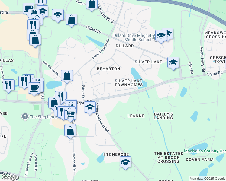 map of restaurants, bars, coffee shops, grocery stores, and more near 5408 Tryon Road in Raleigh