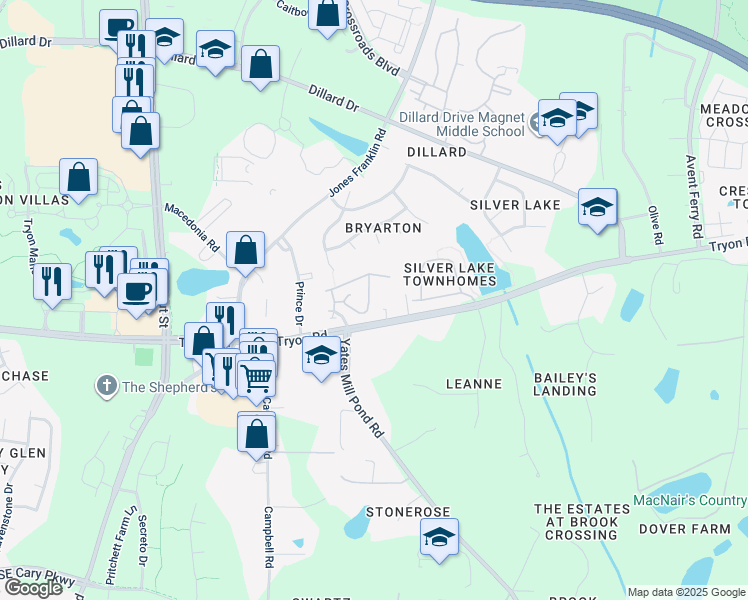 map of restaurants, bars, coffee shops, grocery stores, and more near 2605 Asher View Court in Raleigh
