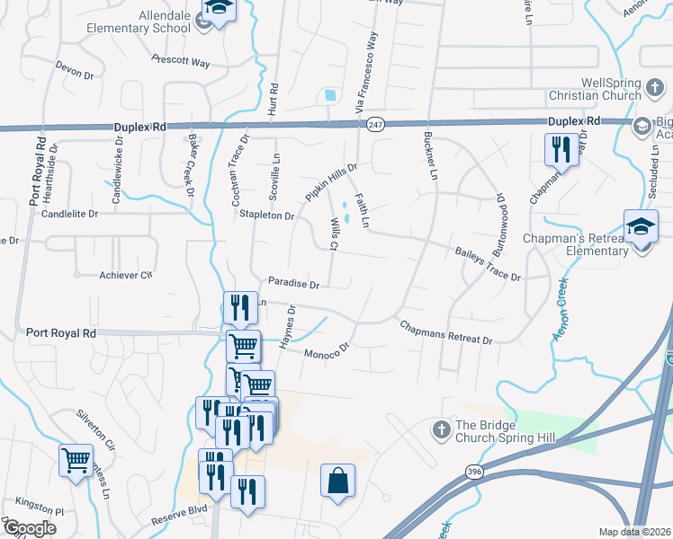 map of restaurants, bars, coffee shops, grocery stores, and more near 2665 Paradise Drive in Spring Hill
