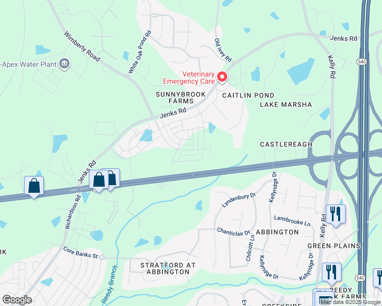 map of restaurants, bars, coffee shops, grocery stores, and more near 1724 Wimberly Road in Apex