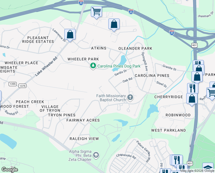 map of restaurants, bars, coffee shops, grocery stores, and more near 1101 Suffolk Boulevard in Raleigh
