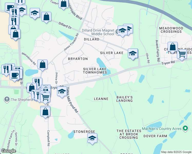 map of restaurants, bars, coffee shops, grocery stores, and more near 2433 Memory Ridge Drive in Raleigh