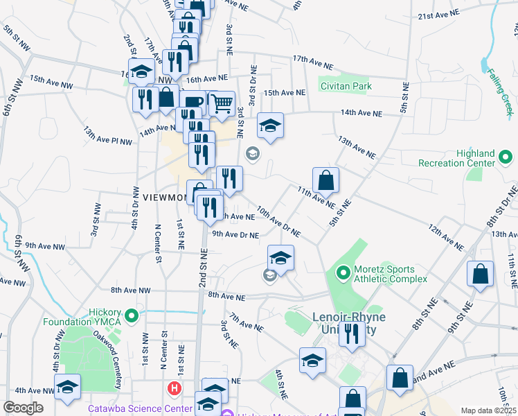 map of restaurants, bars, coffee shops, grocery stores, and more near 362 10th Avenue Drive Northeast in Hickory