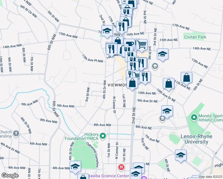 map of restaurants, bars, coffee shops, grocery stores, and more near 1013 North Center Street in Hickory