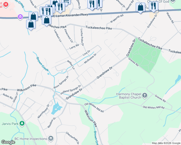map of restaurants, bars, coffee shops, grocery stores, and more near 2125 Leah Lane in Maryville