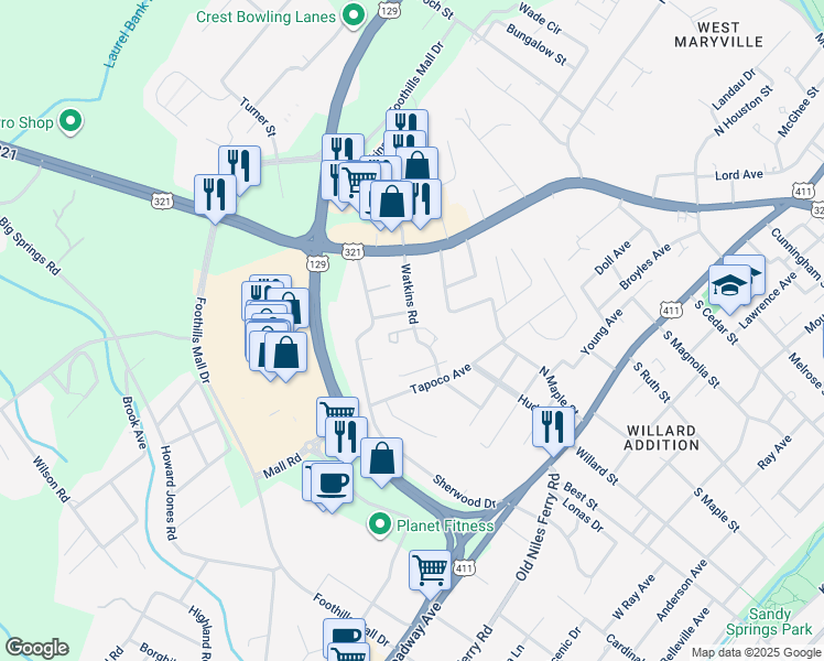 map of restaurants, bars, coffee shops, grocery stores, and more near 607 Watkins Road in Maryville