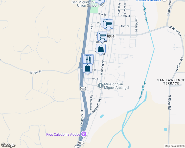 map of restaurants, bars, coffee shops, grocery stores, and more near 257 9th Street in San Miguel
