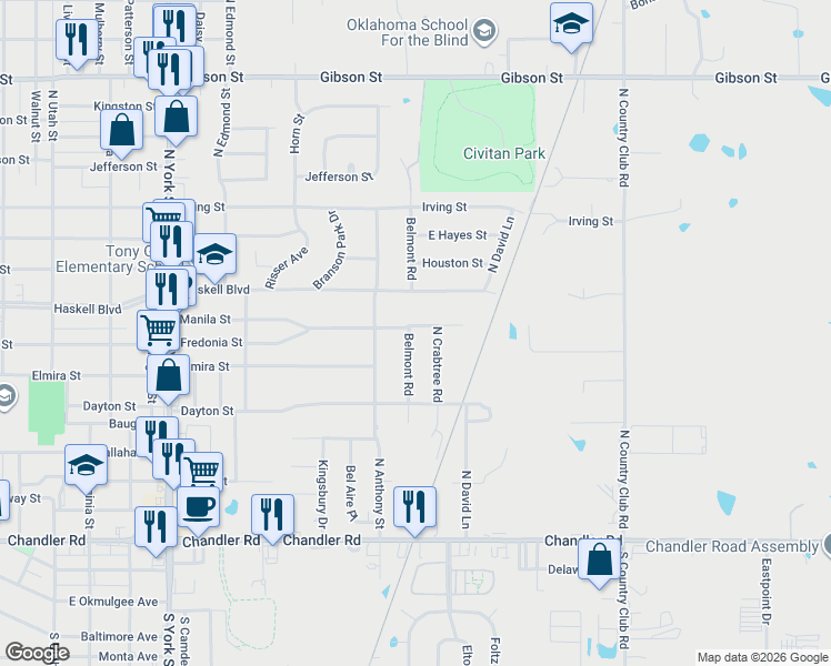 map of restaurants, bars, coffee shops, grocery stores, and more near 508 Belmont Road in Muskogee