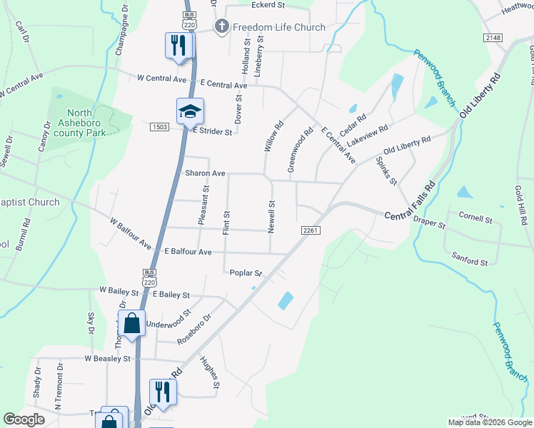 map of restaurants, bars, coffee shops, grocery stores, and more near 1746 Newell Street in Asheboro