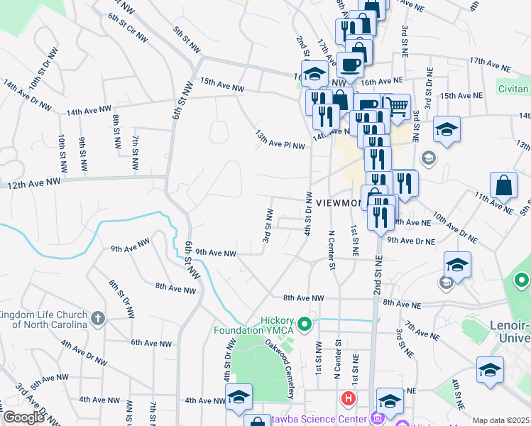 map of restaurants, bars, coffee shops, grocery stores, and more near 1105 3rd Street Northwest in Hickory