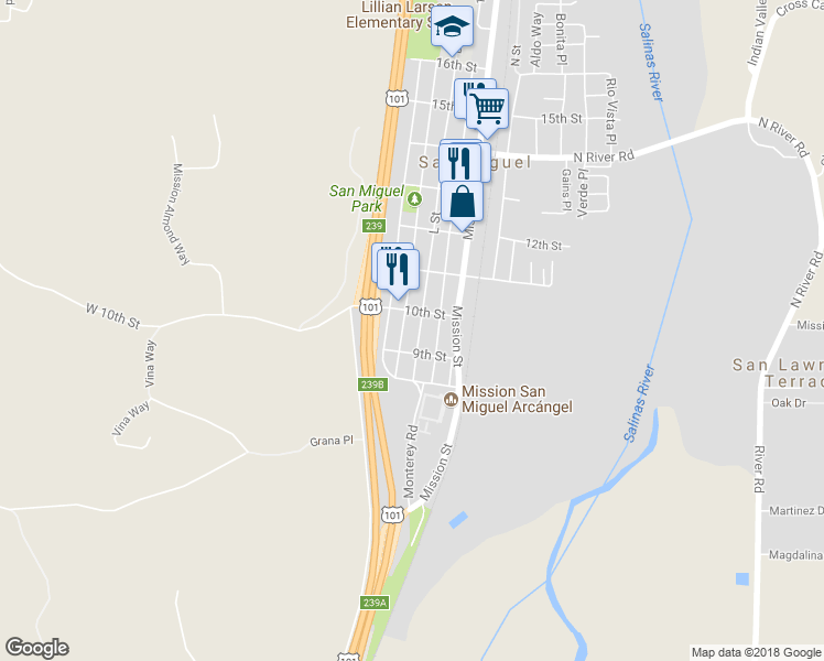 map of restaurants, bars, coffee shops, grocery stores, and more near 965 L Street in San Miguel