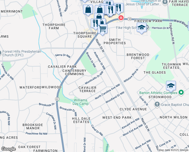 map of restaurants, bars, coffee shops, grocery stores, and more near 306 Monticello Drive Northwest in Wilson