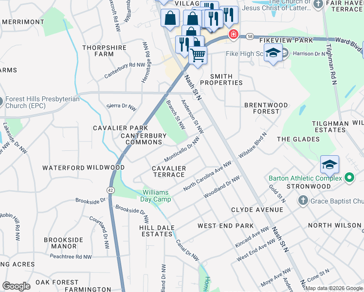 map of restaurants, bars, coffee shops, grocery stores, and more near 306 Monticello Drive Northwest in Wilson