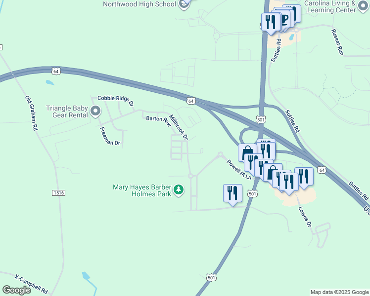 map of restaurants, bars, coffee shops, grocery stores, and more near 285 Millbrook Drive in Pittsboro