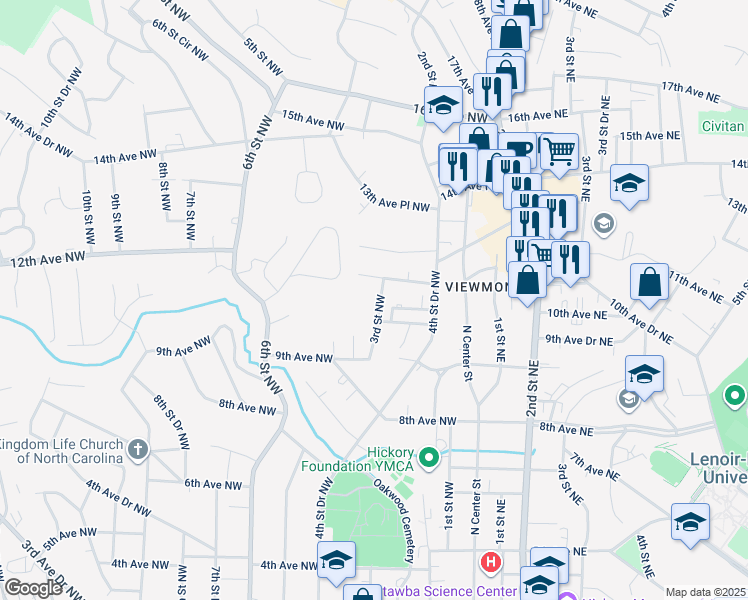 map of restaurants, bars, coffee shops, grocery stores, and more near 1105 3rd Street Northwest in Hickory
