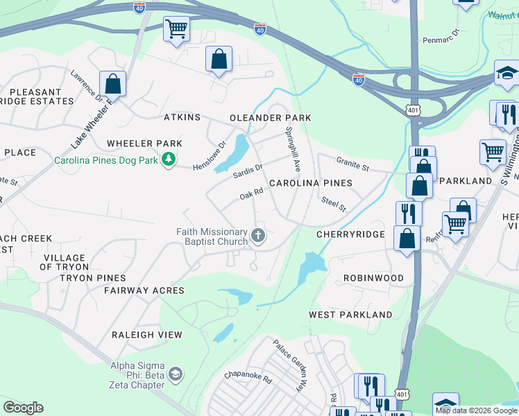 map of restaurants, bars, coffee shops, grocery stores, and more near 2821 Club Plaza Road in Raleigh