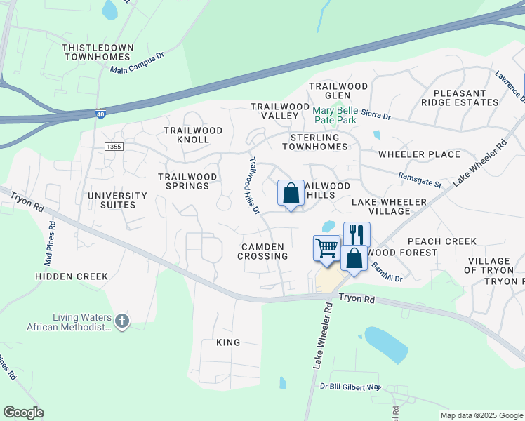 map of restaurants, bars, coffee shops, grocery stores, and more near 2453 Trailwood Hills Drive in Raleigh