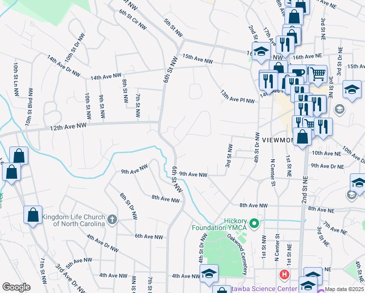 map of restaurants, bars, coffee shops, grocery stores, and more near 595 11th Avenue Circle Northwest in Hickory