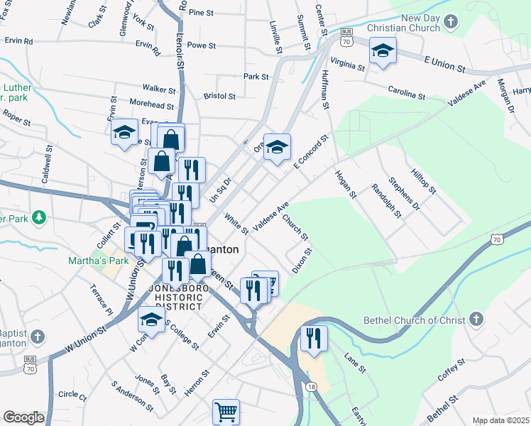 map of restaurants, bars, coffee shops, grocery stores, and more near 106 Valdese Avenue in Morganton