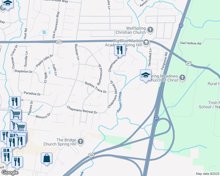 map of restaurants, bars, coffee shops, grocery stores, and more near 1705 Emma Circle in Spring Hill