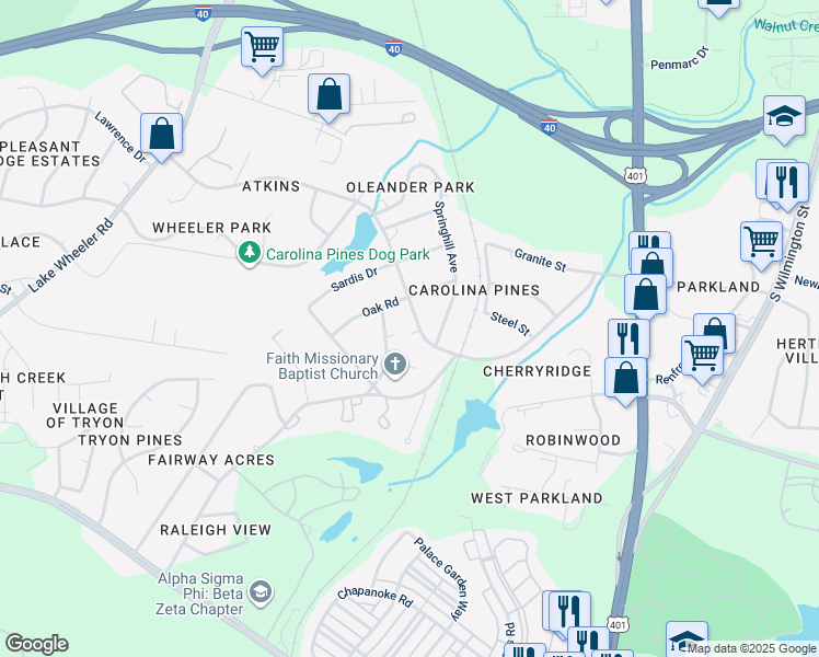 map of restaurants, bars, coffee shops, grocery stores, and more near 2827 Club Plaza Road in Raleigh