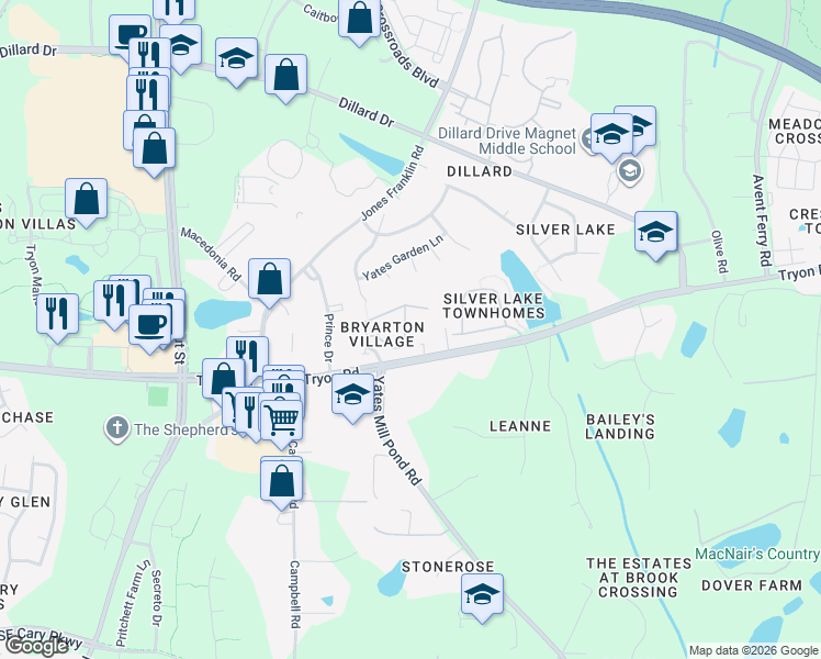 map of restaurants, bars, coffee shops, grocery stores, and more near 2605 Asher View Court in Raleigh