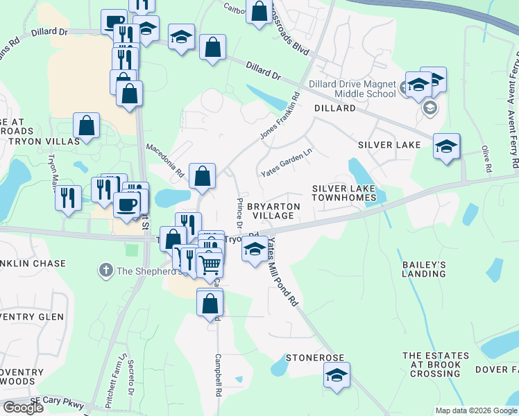 map of restaurants, bars, coffee shops, grocery stores, and more near 6315 Yates Mill Pond Road in Raleigh