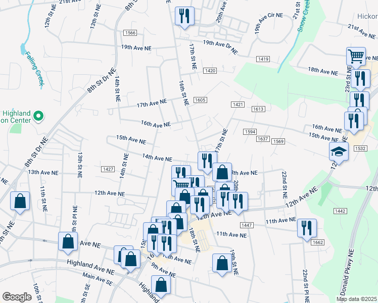 map of restaurants, bars, coffee shops, grocery stores, and more near 1545-1599 State Road 1424 in Hickory