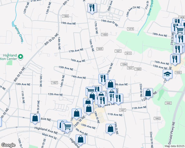 map of restaurants, bars, coffee shops, grocery stores, and more near 1536 14th Avenue Northeast in Hickory