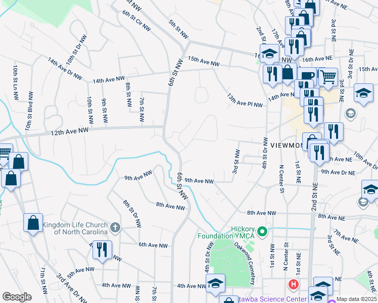 map of restaurants, bars, coffee shops, grocery stores, and more near 595 11th Avenue Circle Northwest in Hickory