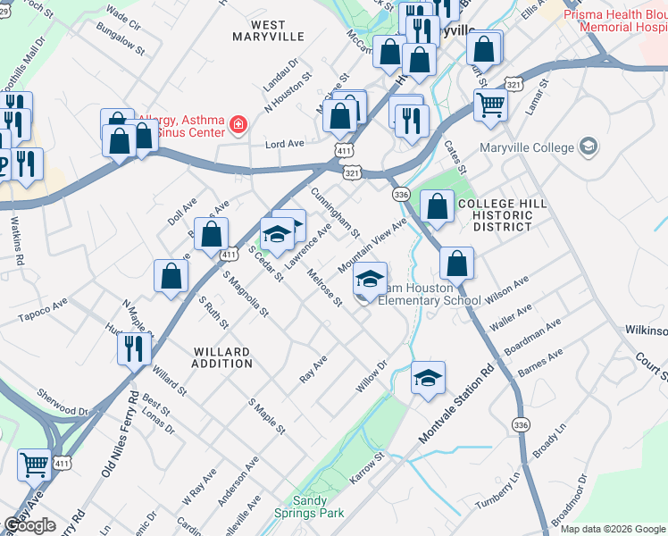 map of restaurants, bars, coffee shops, grocery stores, and more near 711 Mountain View Avenue in Maryville