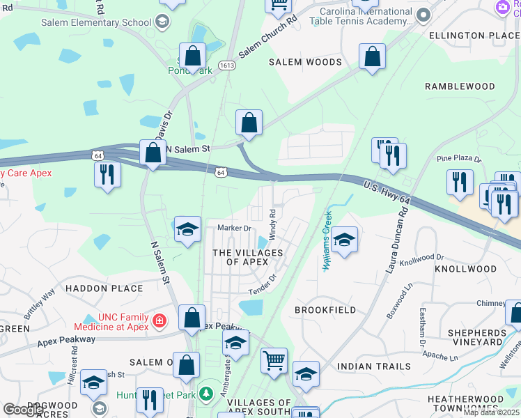 map of restaurants, bars, coffee shops, grocery stores, and more near 900 Windy Road in Apex