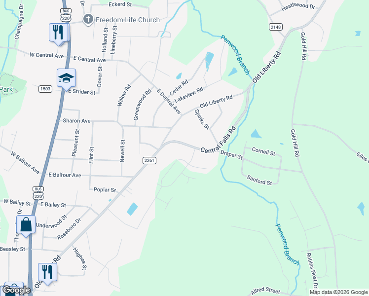 map of restaurants, bars, coffee shops, grocery stores, and more near 783 Oak Bend Drive in Asheboro