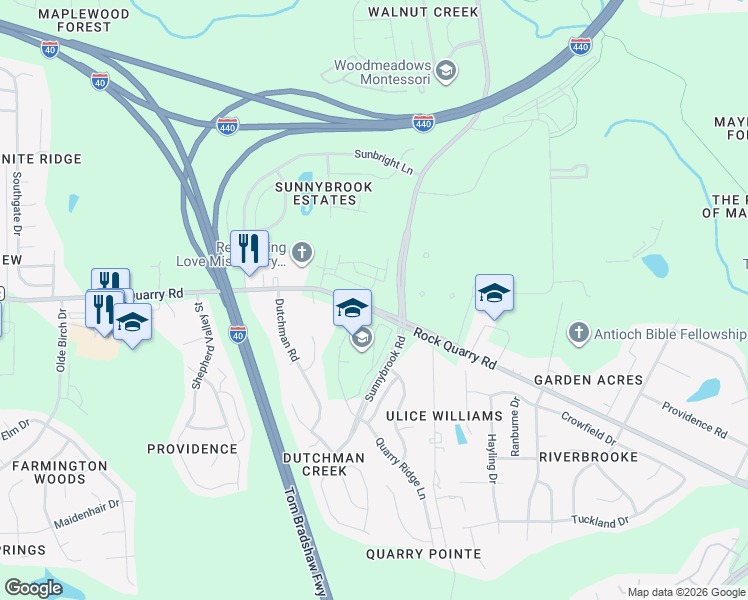 map of restaurants, bars, coffee shops, grocery stores, and more near 3554-3616 Rock Quarry Road in Raleigh